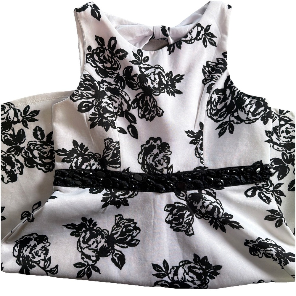 Justice white and black floral rhinestone waist dress size 12